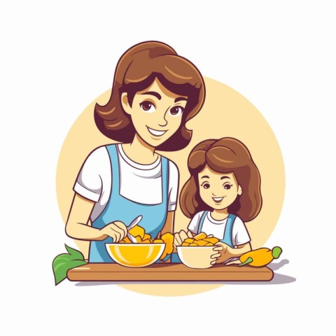 Mother and daughter in the kitchen. Vector illustration in carto