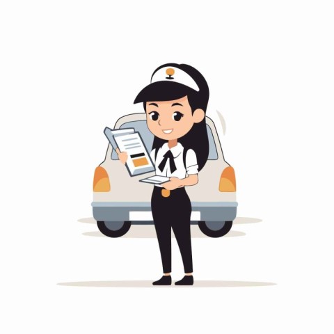 Sailor with clipboard and car. Vector illustration in cartoon st