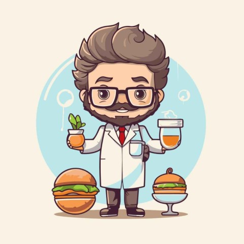 Cartoon scientist with a beard holding a cup of coffee and a bur