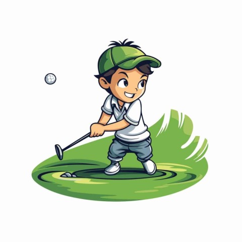 Illustration of a boy playing golf on a golf course. vector