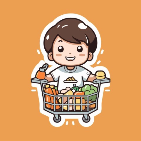 Cute boy shopping in supermarket. Vector illustration. Cartoon c