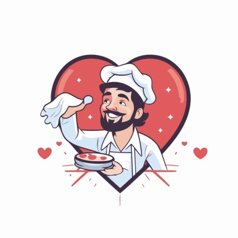 Chef with cake in heart shape. Vector illustration in cartoon st