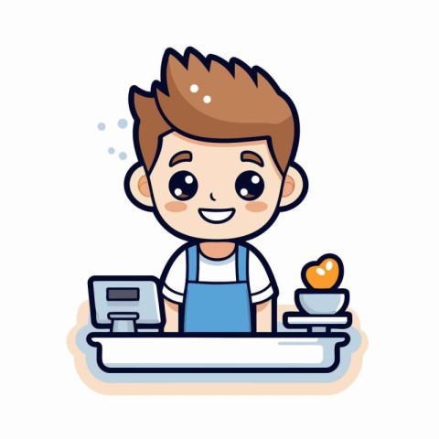 Cute boy cooking in kitchen. vector cartoon character illustrati