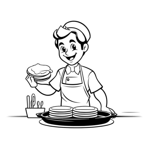 Cartoon chef with pancakes. Black and white vector illustration