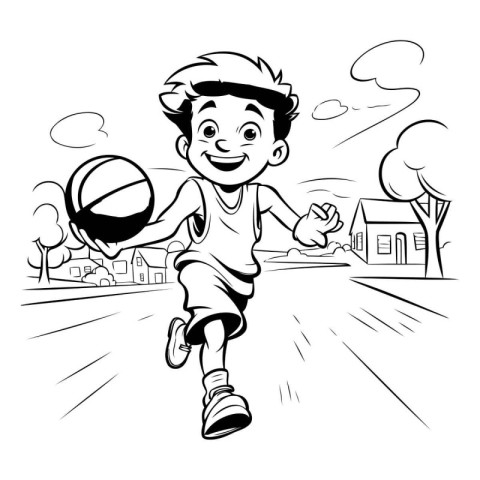 Black and White Cartoon Illustration of Boy Playing Basketball o