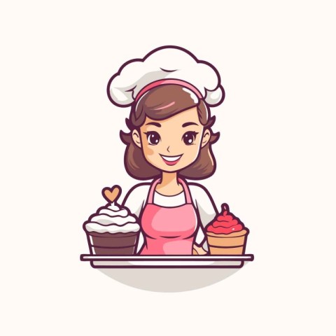 Cute chef girl with cupcake. Vector illustration in cartoon styl