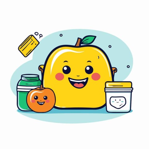 Cute cartoon apple character with healthy food on white backgrou