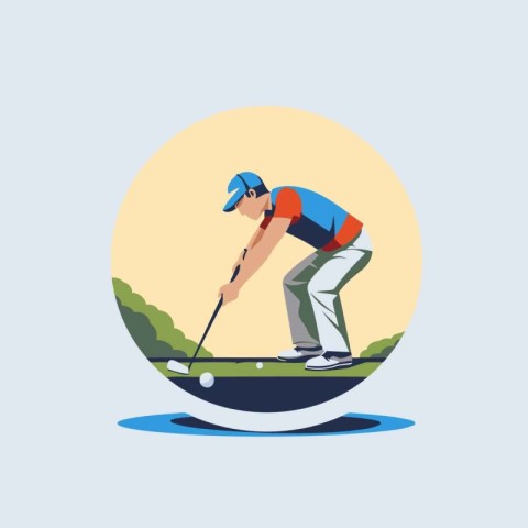 Golf player in action. Flat style vector illustration. Round ico