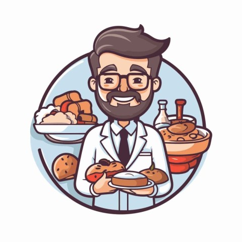 Handsome doctor holding food in his hands. Vector illustration.