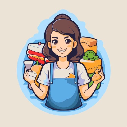 Cute cartoon woman with healthy food. Vector illustration of a g