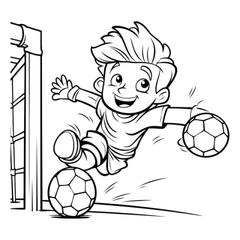 Soccer Player with Ball - Black and White Cartoon Illustration.