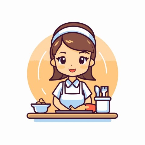 Cute little girl cooking at home. vector illustration in cartoon