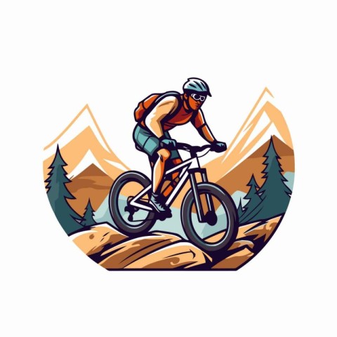 Mountain biker riding on the road. Vector illustration in retro