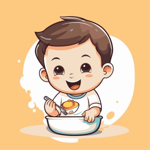 Cute baby boy eating food. Vector illustration. Cartoon style.