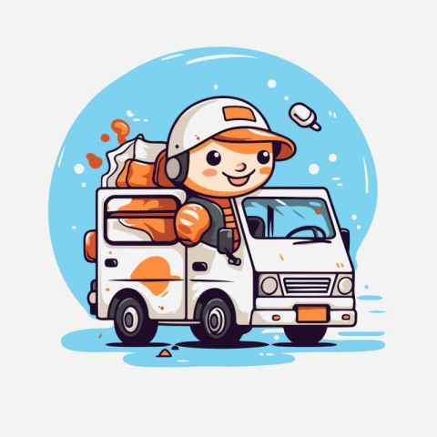 Cute boy in astronaut costume driving a truck. Vector illustrati