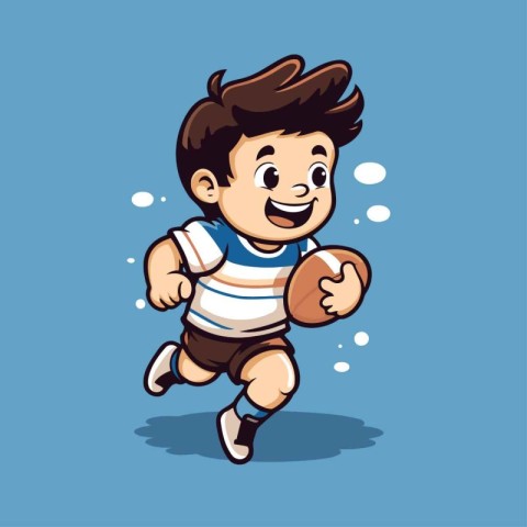 Cute boy running with rugby ball. Vector illustration of a carto