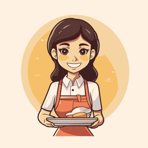 Cute cartoon waitress holding a tray of food. Vector illustratio