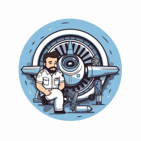 Vector illustration of a pilot with a laptop and jet engine in a