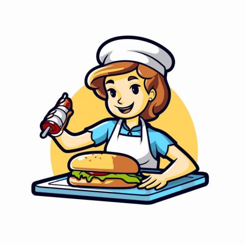 Illustration of a Cheerful Female Chef Holding a Grilled Hamburg