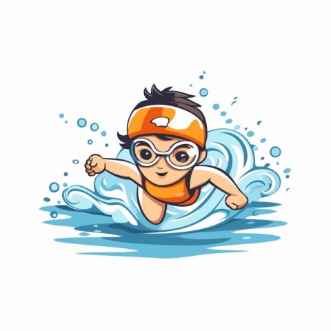 Swimming boy in cap and glasses swimming in water. Vector illust