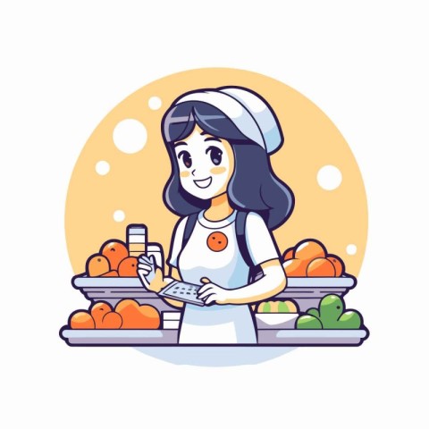 Woman in apron holding a carton of oranges. Vector illustration