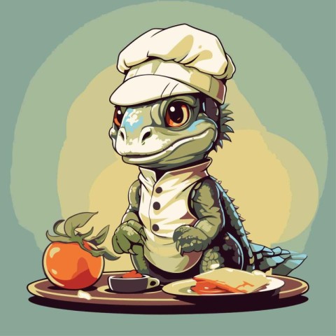 Cute crocodile chef with a plate of food. Vector illustration.