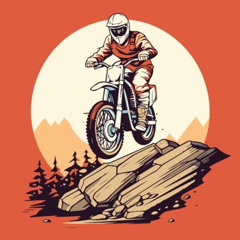 Motocross rider on the mountain. Vector illustration in retro st