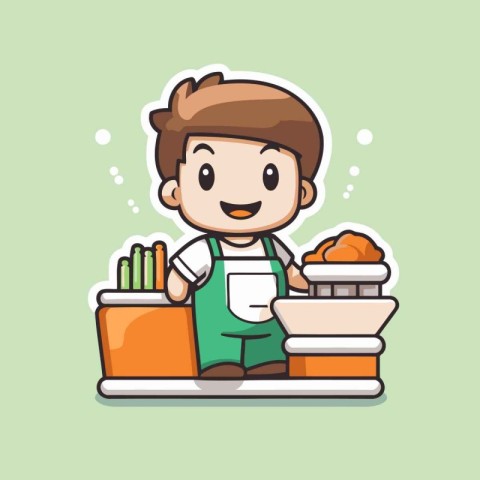 Cartoon boy eating healthy food. Vector flat design character il