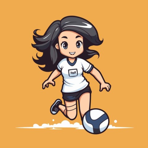 Cute little girl playing soccer. Cartoon style. Vector illustrat