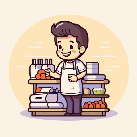 Cute boy shopping in supermarket. Vector illustration in cartoon