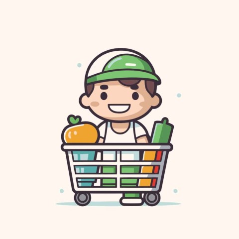 Cute boy with shopping cart. Vector illustration. Flat design.