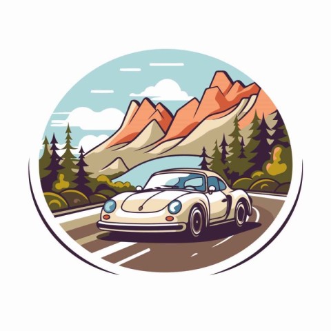 Retro car on the road in the mountains. Retro style vector illus