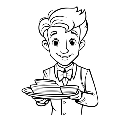 Black and White Cartoon Illustration of Boy Waiter Holding Platt