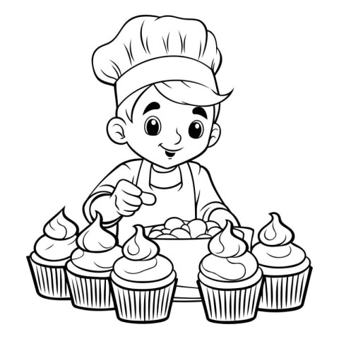 Black and White Cartoon Illustration of Cute Little Boy Chef wit