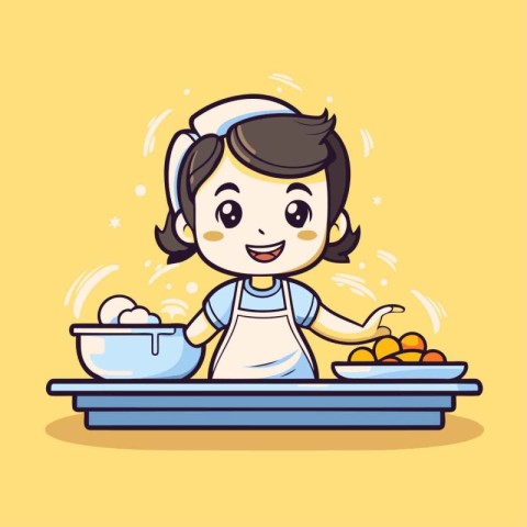 Cute little girl baking cake in the kitchen vector illustration