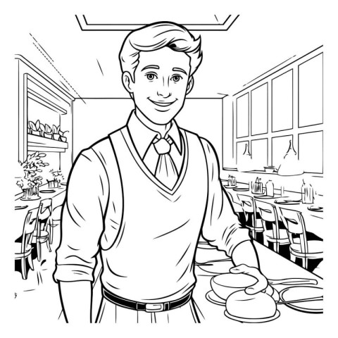 Vector illustration of a waiter in a restaurant or cafe with a c