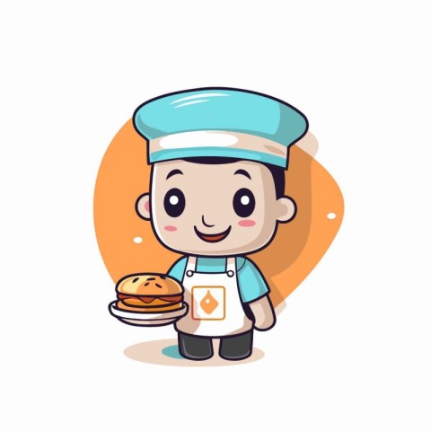 Cute cartoon chef holding a plate of food. Vector illustration.