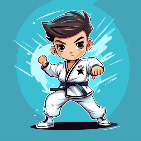 Taekwondo boy cartoon character. Vector illustration of karate k