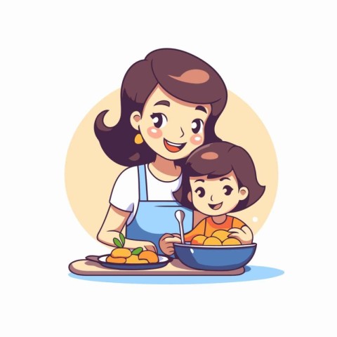 Mother and daughter in the kitchen. Vector illustration in carto