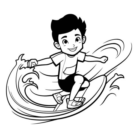 Boy riding a surfboard. black and white vector cartoon illustrat