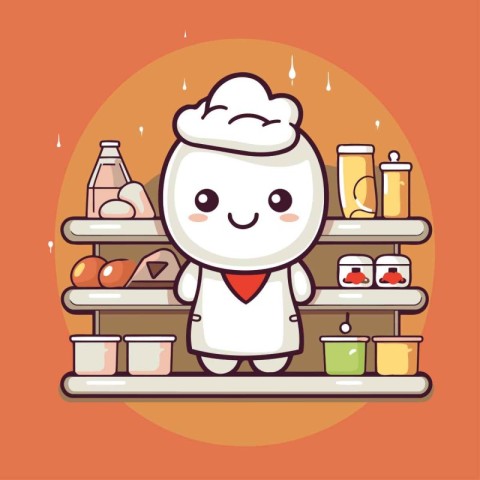 Cute cartoon chef character standing in the kitchen. Vector illu