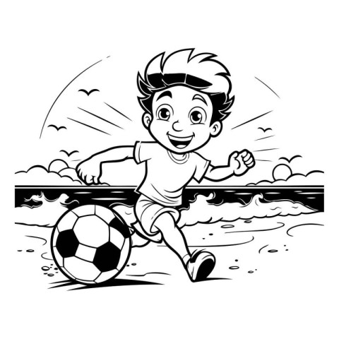 Boy playing soccer. Black and white vector illustration for colo