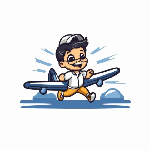 Businessman flying with airplane cartoon vector Illustration on