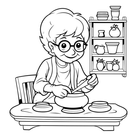 Boy playing pottery. Black and white vector illustration for col