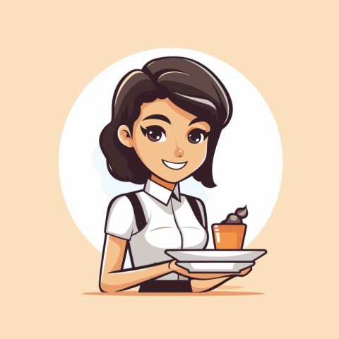 Cute waitress with a plate of ice cream. Vector illustration.