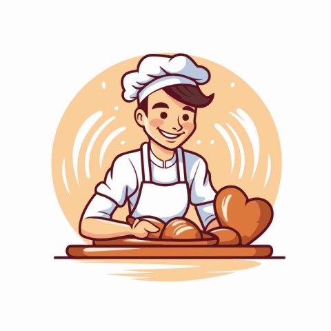 Baker in hat and apron cooking bread. Vector illustration.