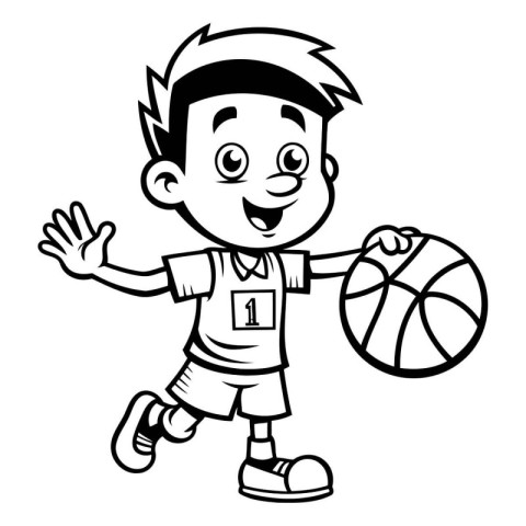 Boy Playing Basketball - Black and White Cartoon Illustration. I