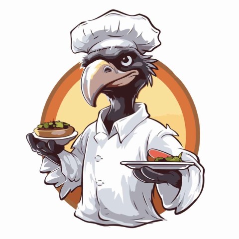 Illustration of a bald eagle chef holding a plate of food.