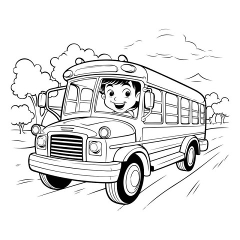 Cartoon schoolboy riding a school bus. Black and white vector il