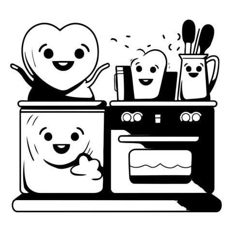 Cute and funny food in the kitchen. Black and white vector illus